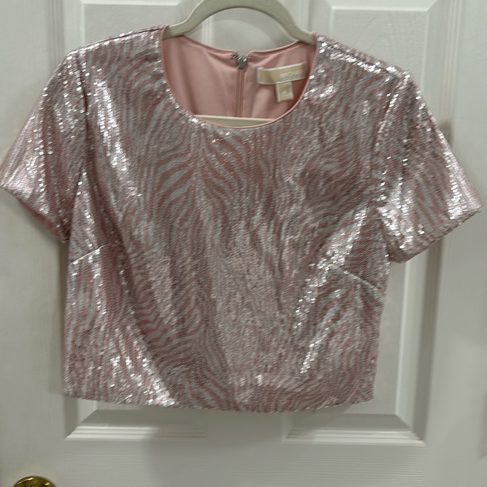 Michael Kors, pink & white zebra print crop top.